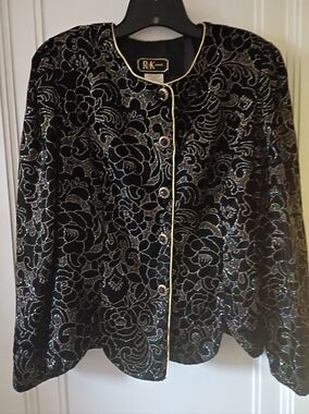 R&K Black Velvet Sequin Floral Blazer with Gold Trim Cocktail Wedding Guest